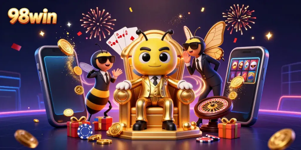 Experience the thrill of 98win with dynamic casino action and vivid 3D characters surrounded by lively gaming elements.
