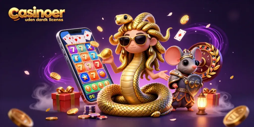 Spinning slots and golden coins at casinoer uden dansk licens, enhancing the gambling adventure with mythical characters.