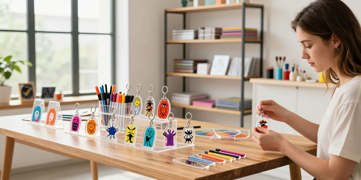 Custom clear acrylic keychains displayed in a vibrant studio, showcasing vivid colours and intricate designs.