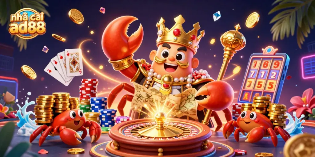 Experience vibrant casino action with nhà cái ad88 featuring a golden crab emperor and interactive game elements.