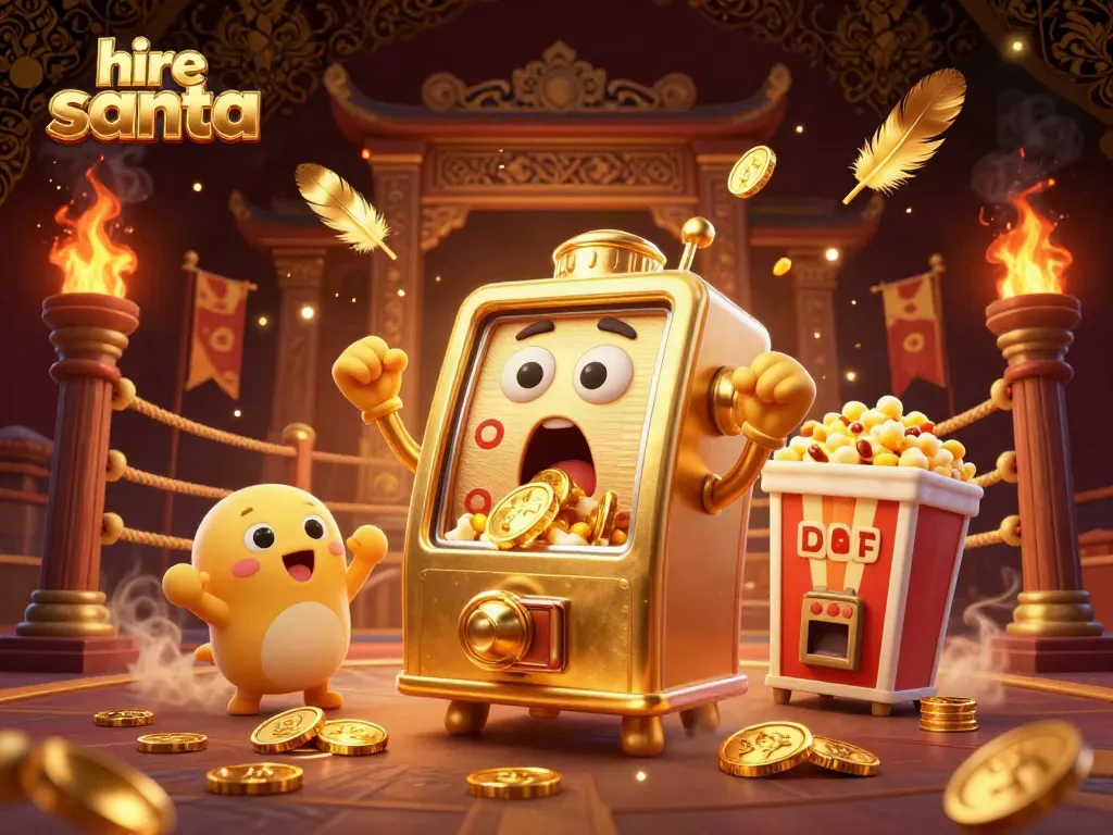 Engaging scene of hiring Santa with golden slot machines enjoying a jackpot celebration.
