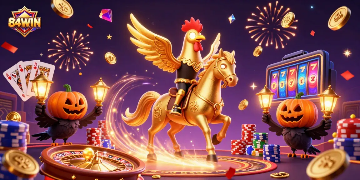 Experience 84WIN's vibrant casino action featuring a golden rooster and crow companions celebrating amidst gaming excitement.