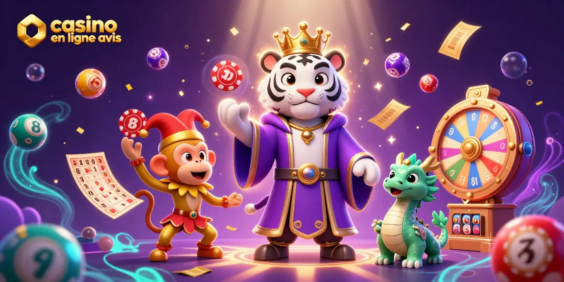 Visitez les meilleurs avis sur les casinos en ligne avec un tigre blanc caricatural et un singe jonglant.