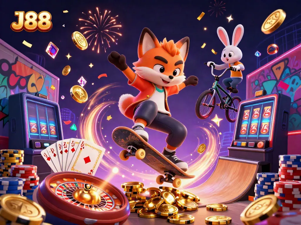 Engage in dynamic gaming action at J88 with a skateboarder fox and BMX rabbit celebrating wins!