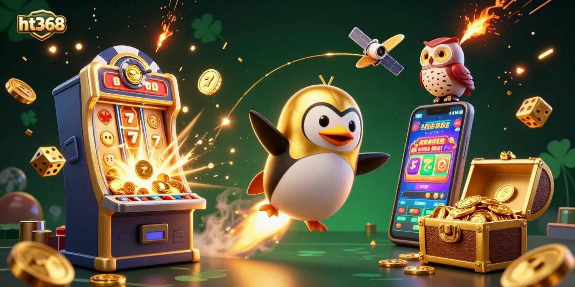 Experience the thrill of ht368 with a 3D golden penguin soaring toward a vibrant casino chip.
