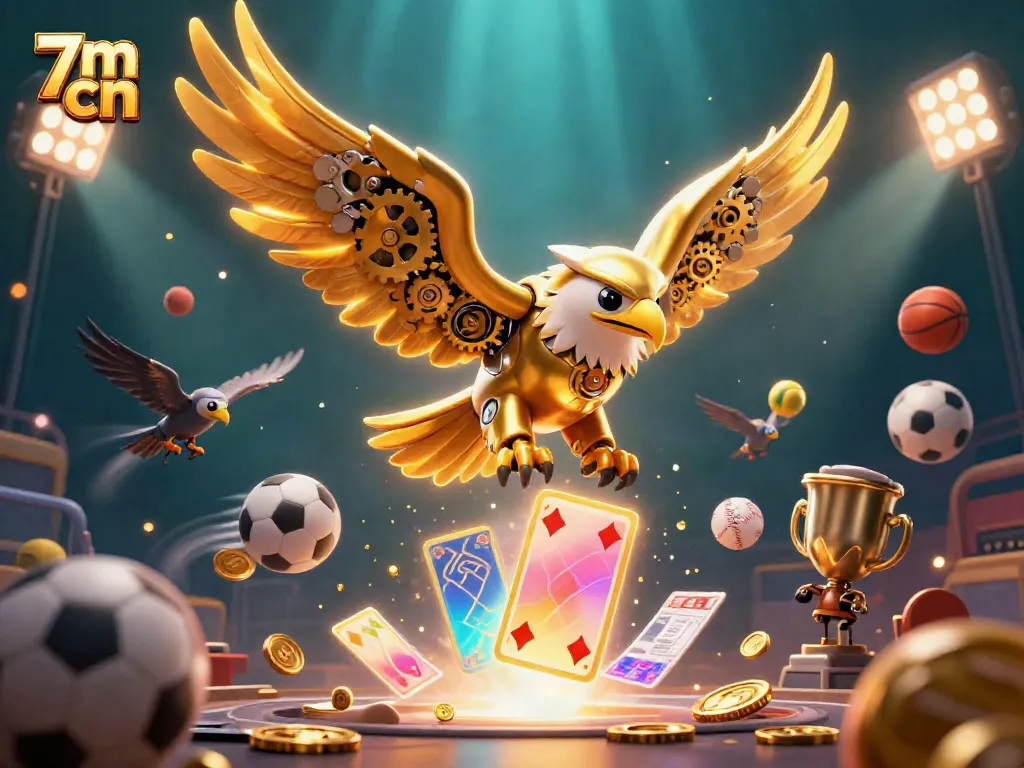 Experience thrilling 7m cn excitement with a dynamic illustration of golden eagle diving among sports elements and holographic cards.