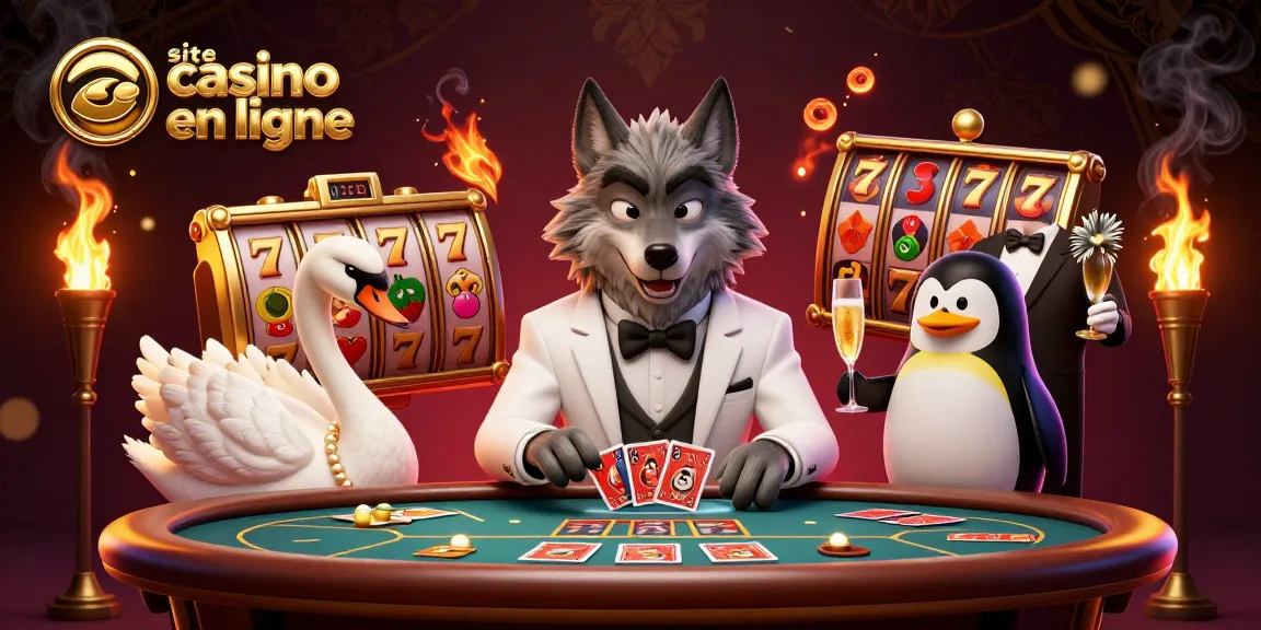 Jouez sur un site casino en ligne avec un loup élégant, un cygne, et un pingouin servant du champagne.
