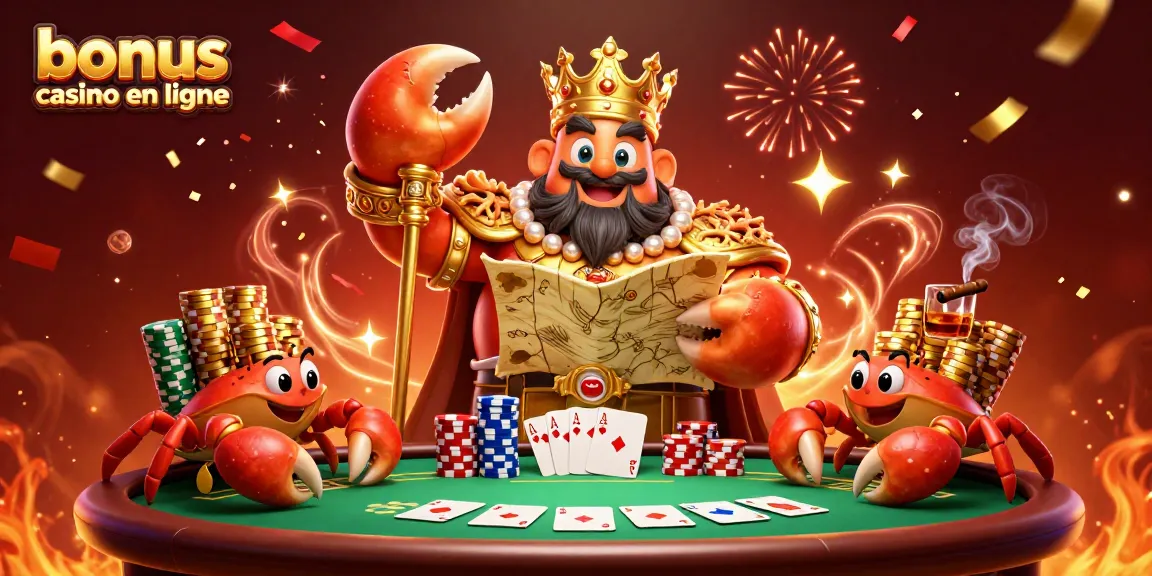 Illustration dynamique mettant en avant un bonus casino en ligne avec un crabe géant et des éléments de poker.