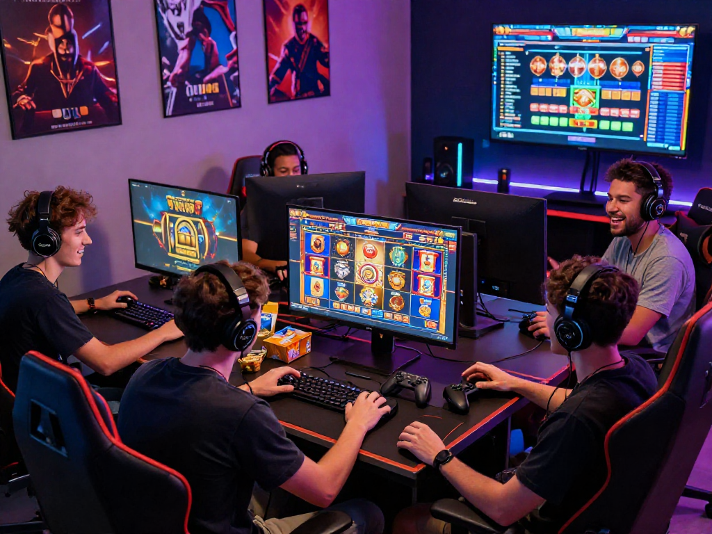 Friends enjoying a lively slot game session in a colorful gaming room, showcasing excitement and camaraderie.