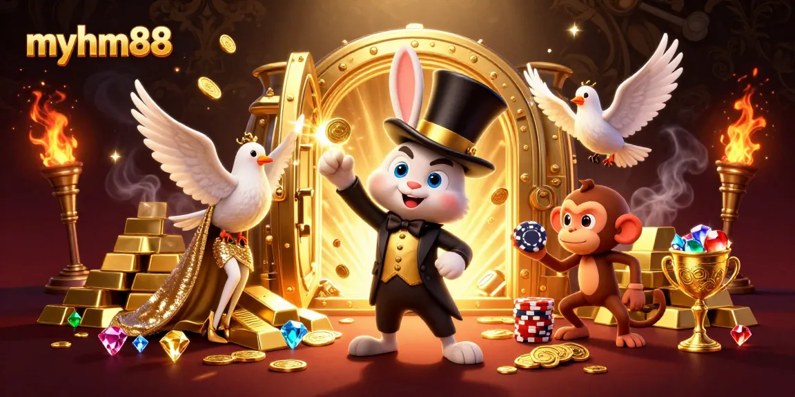Experience exciting game features at myhm88 with a lively scene of a magician rabbit and playful characters.