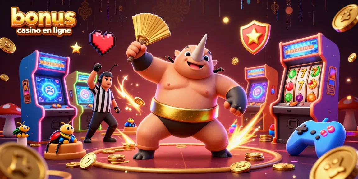 Profitez du bonus casino en ligne avec ce rhinocéros sumo cartoon au milieu de machines à sous colorées.