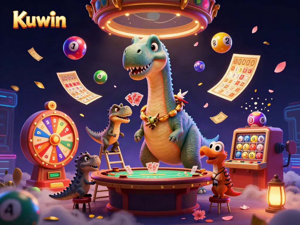 Kuwin casino illustration with a giant brontosaurus and vibrant gaming elements