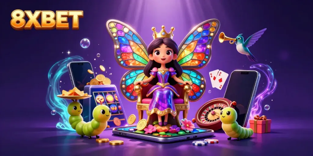 Experience thrilling entertainment with 8XBET, featuring colorful casino elements like slots, playing cards, and vibrant characters.