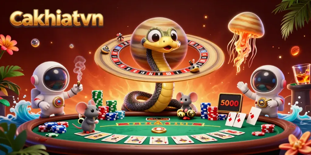 Experience the excitement of cakhiatvvn with vibrant 3D cosmic gambling scene featuring poker elements.