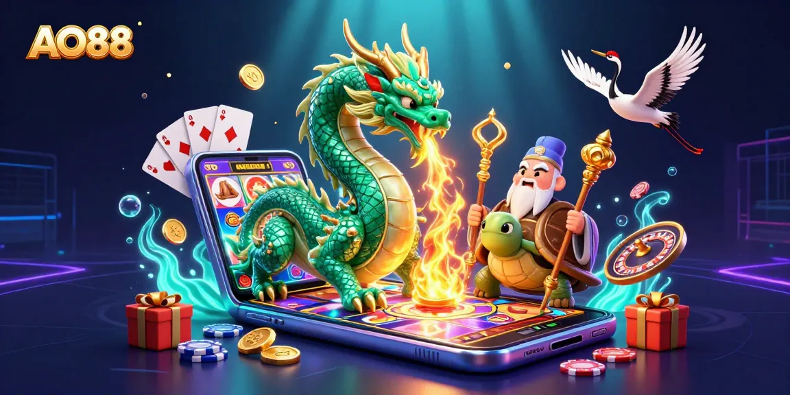 Experience thrilling gameplay at AO88 with a dragon, turtle sage, and lucky cranes in a vibrant casino scene.