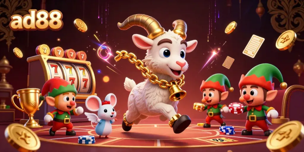 Experience the thrill of ad88's dynamic slot games with festive characters in action.