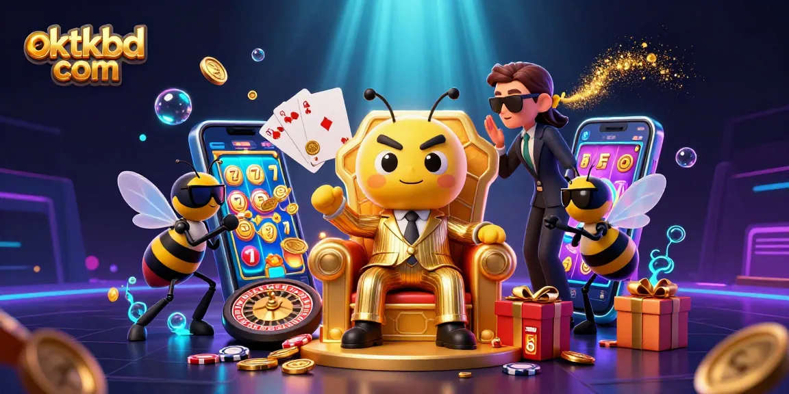 The bumblebee mob boss welcomes you to oktkbd com with a vibrant casino-themed illustration full of slot games and golden coins.