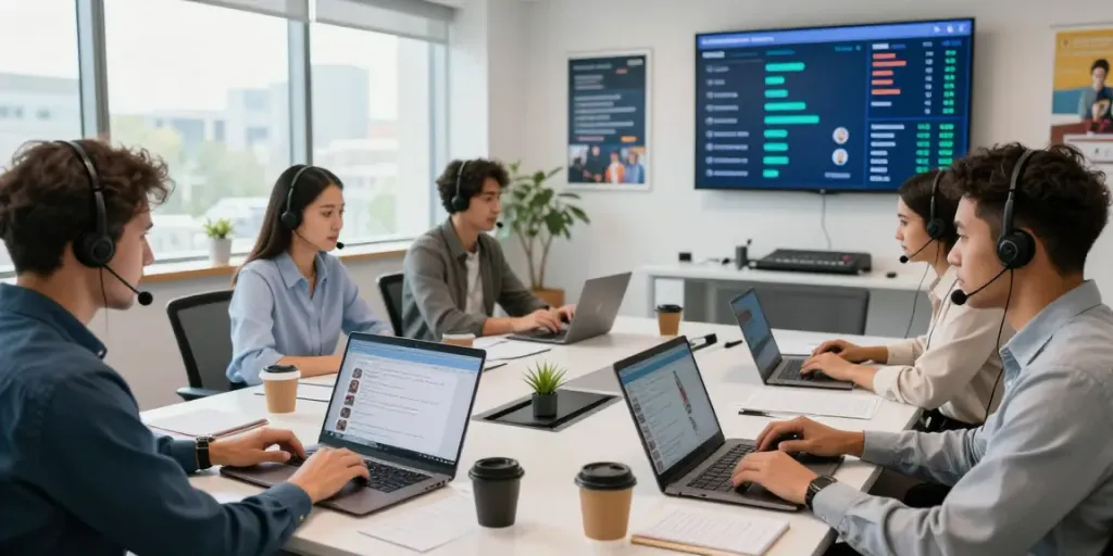 Live chat customer service team engaging professionally in a bright office