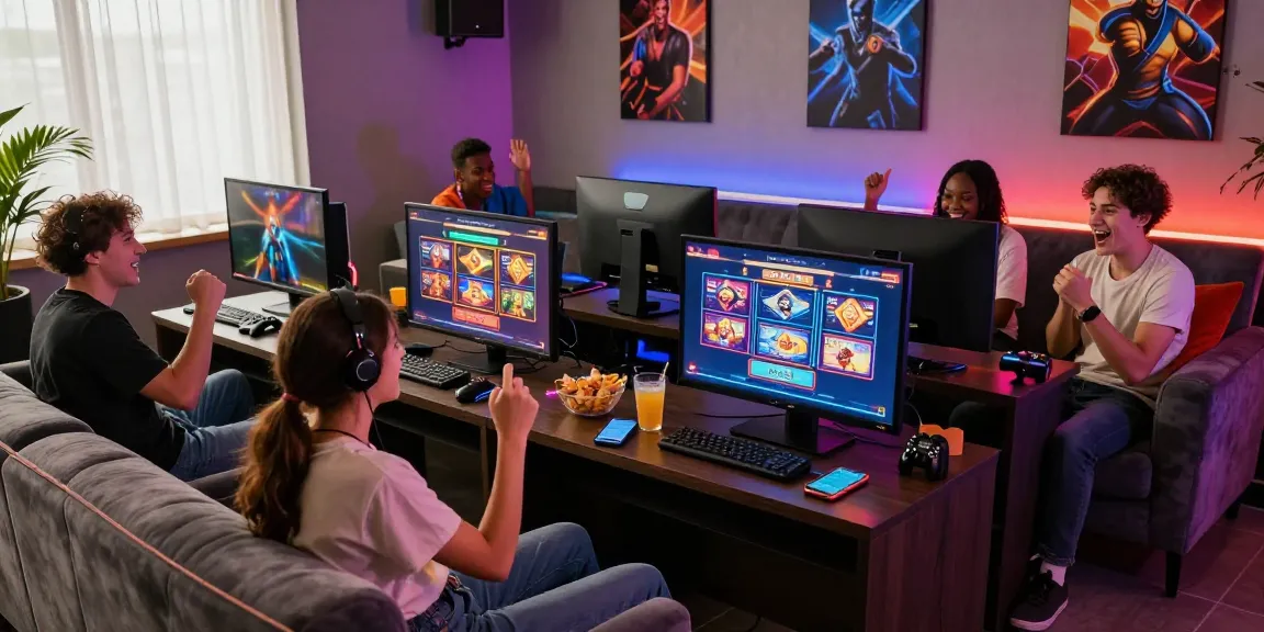 Friends enjoying the playbook88 link in an engaging gaming lounge with excitement and snacks.