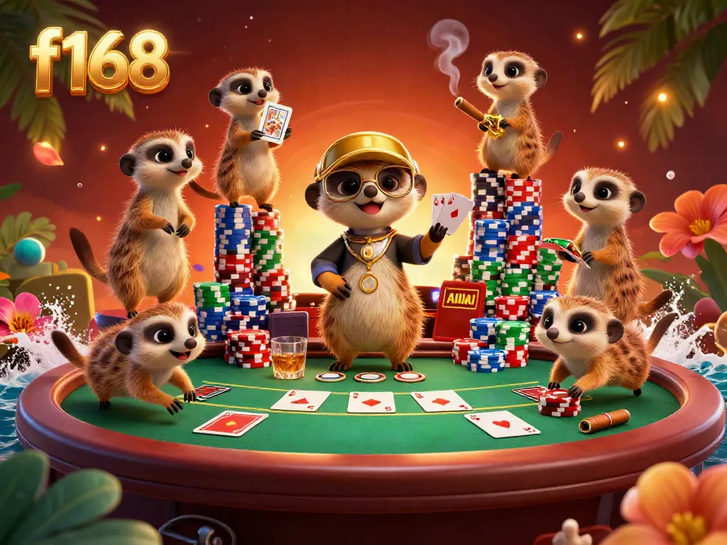Experience the thrilling environment of f168 with playful meerkats managing a lively casino scene, showcasing poker elements.