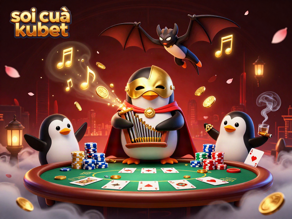 Soi cầu kubet enhances gameplay as a phantom penguin plays on a pipe organ shooting coins.