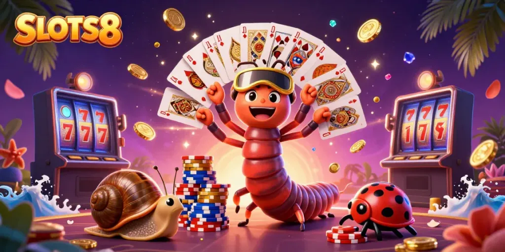 Experience thrilling gameplay with SLOTS8 as lively casino characters animate the scene.