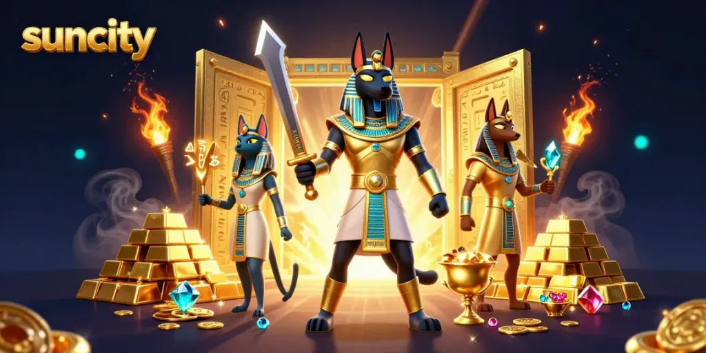 Suncity offers exhilarating gaming experiences in a vibrant ancient Egyptian setting with Anubis and Bastet amidst treasures.