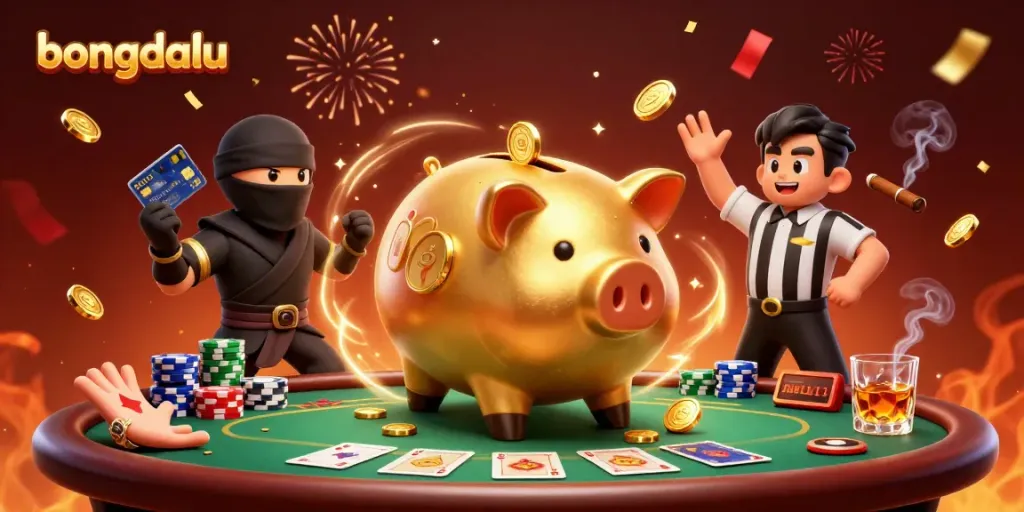 Experience the vibrant excitement of bongdalu with a dynamic illustration featuring an energetic scene of a golden sumo wrestler and ninja characters amidst a rich poker atmosphere.