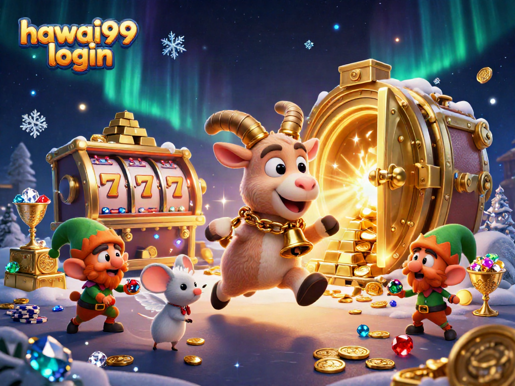 Engage in thrilling casino action with hawai99 login, showcasing festive 3D characters in a holiday-themed gaming scene.