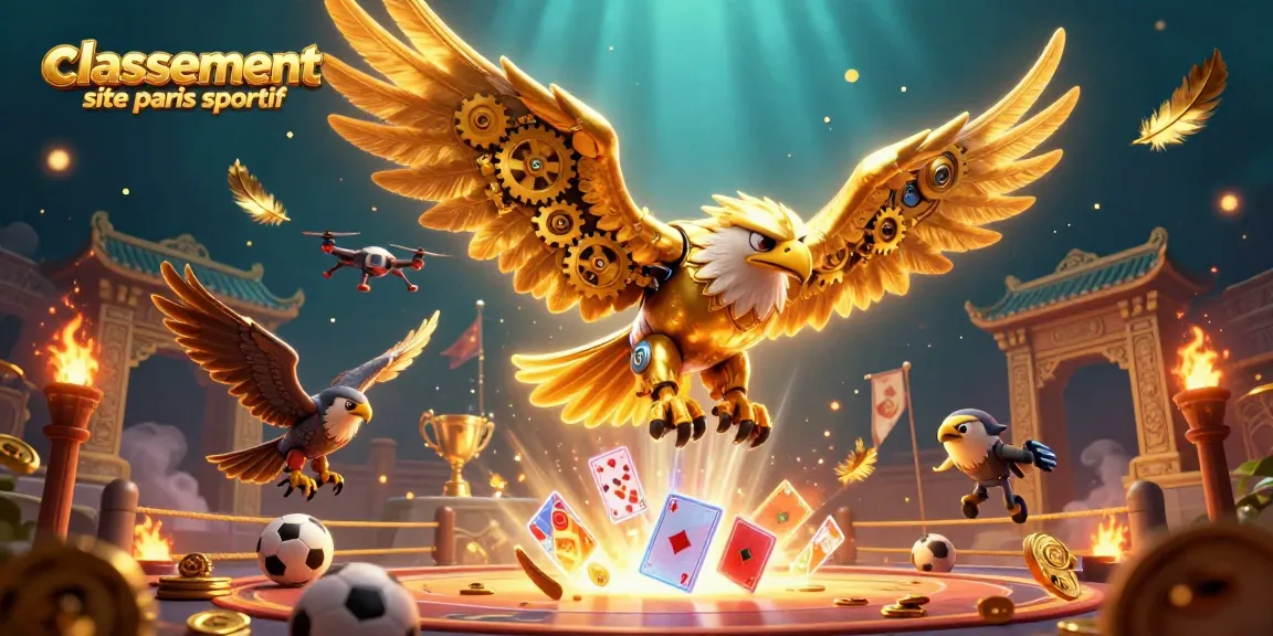 Image illustrant le classement site paris sportif avec un aigle doré cybernétique plongeant à travers des cartes de jeu en hologramme.