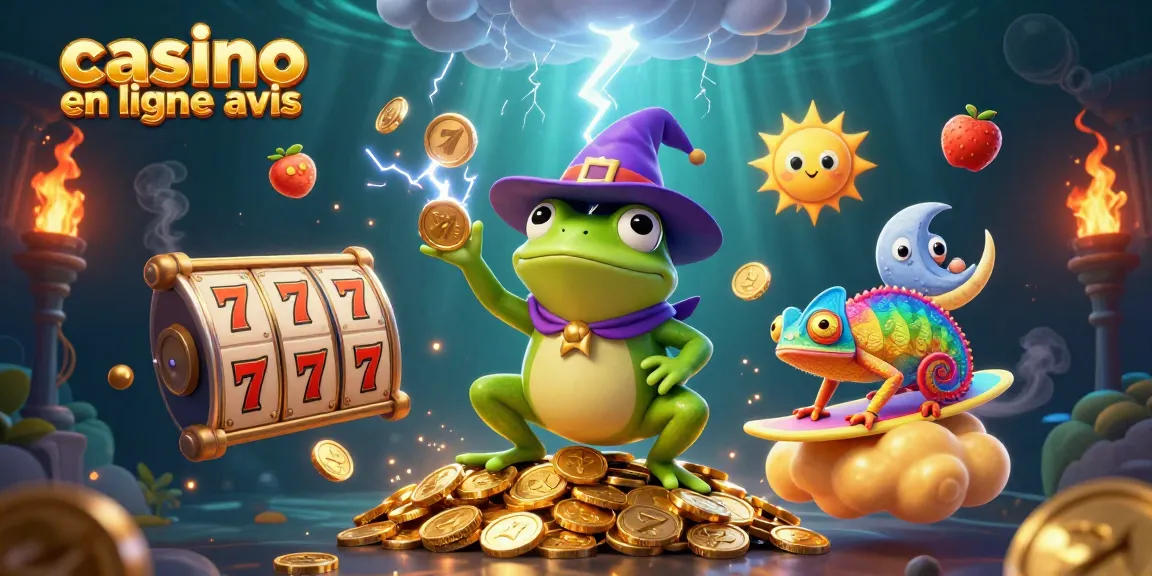 Visualisez des avis de casino en ligne avec une illustration 3D de personnages dynamiques entourés d'éléments de jeux.