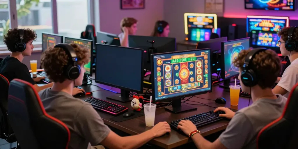 Players enjoying king999 online slots with colorful screens and vibrant gaming ambiance.