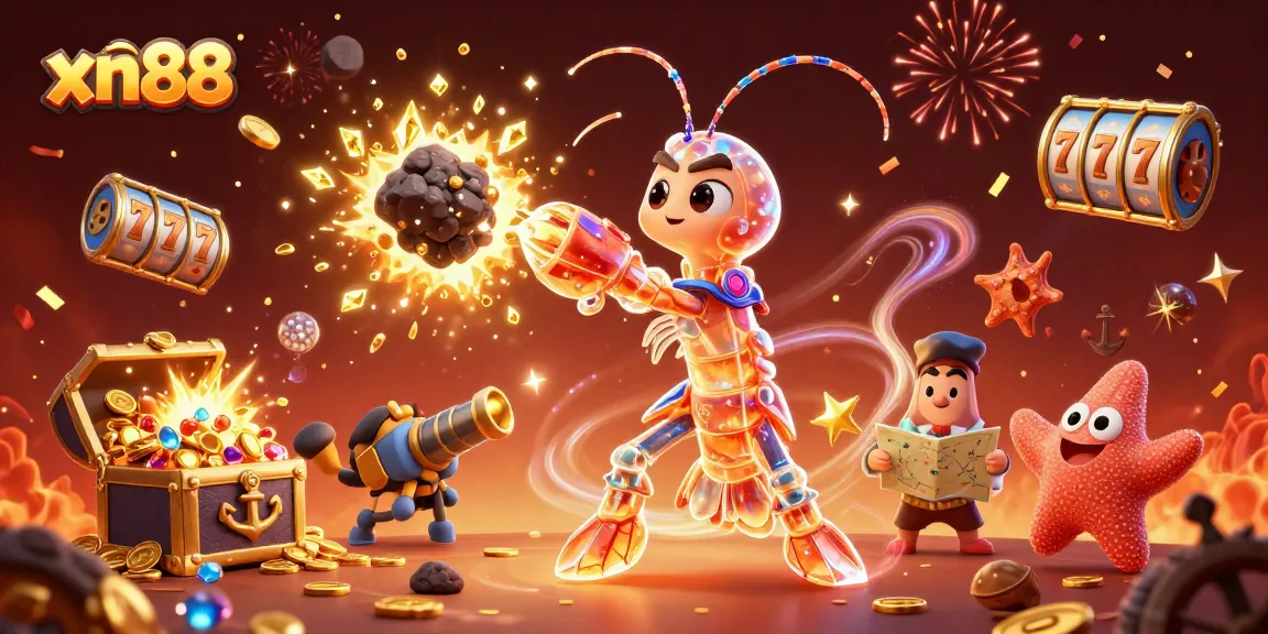 Experience thrilling gameplay at xn88 with a galactic mantis shrimp amidst sparkling gems and slot reels.