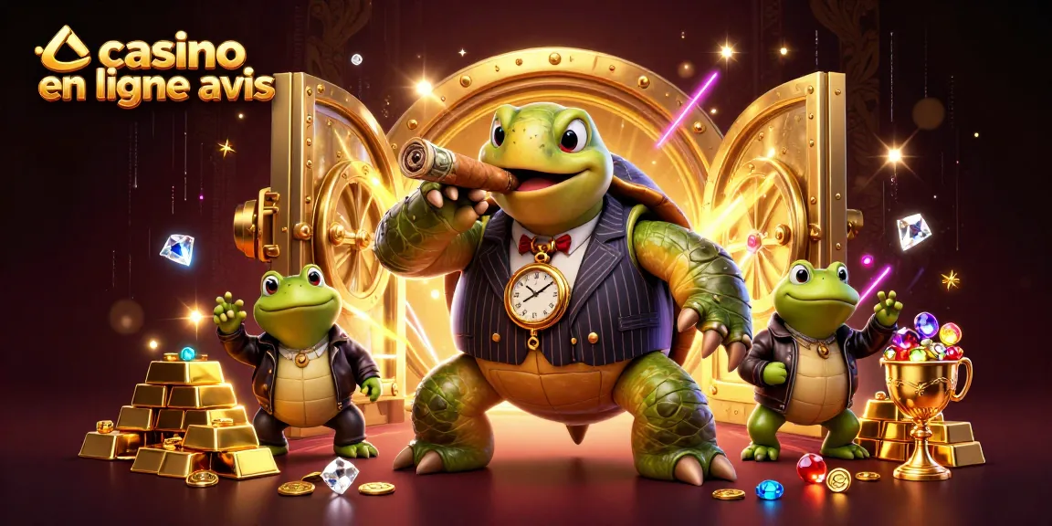 Jouez sur un casino en ligne avis avec une illustration dynamique de tortue et grenouilles sur un fond luxueux.