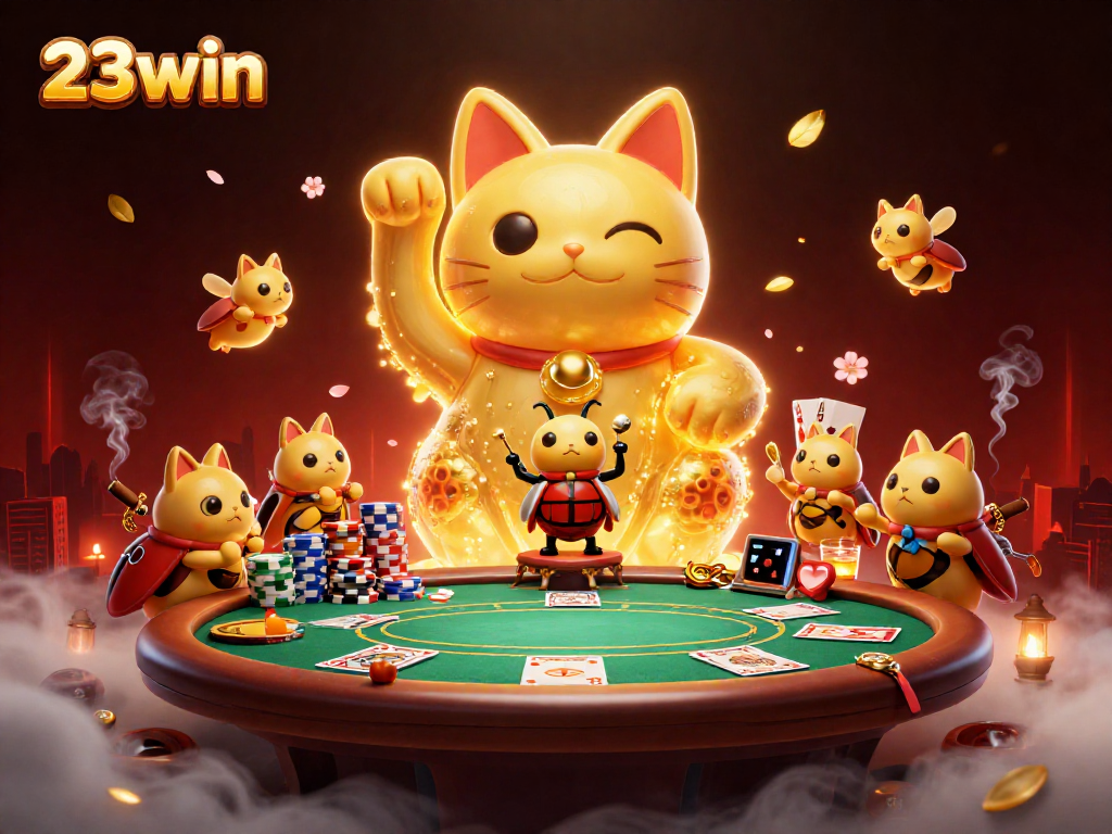 Experience the excitement of 23win with a vibrant 3D casino scene featuring a lucky cat and casino symbols.