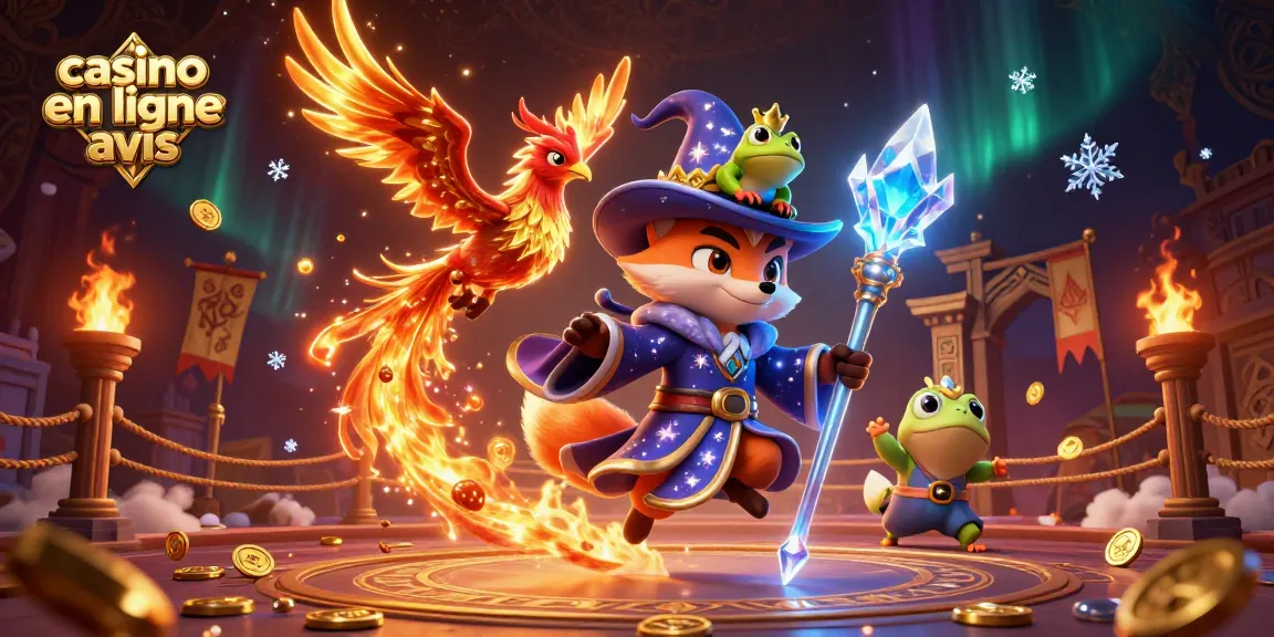 Illustration dynamique d'un casino en ligne avis avec un renard magique et un phénix, entourés de pièces d'or et d'éléments de jeu.