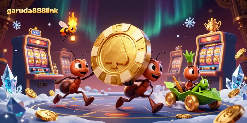 Engage in exciting adventures with garuda888link, featuring playful ants on a heist amidst sparkling casino treasures.