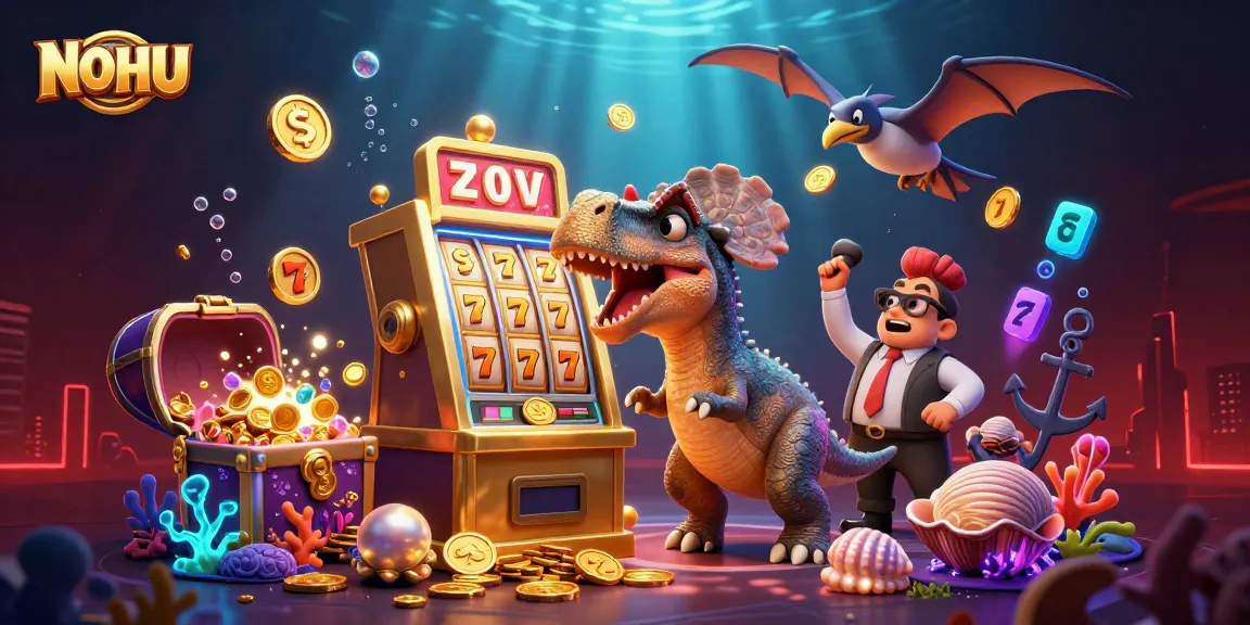 NOHU showcases a lively casino scene with a cartoon dinosaur and slot machine, capturing the thrill of jackpots.