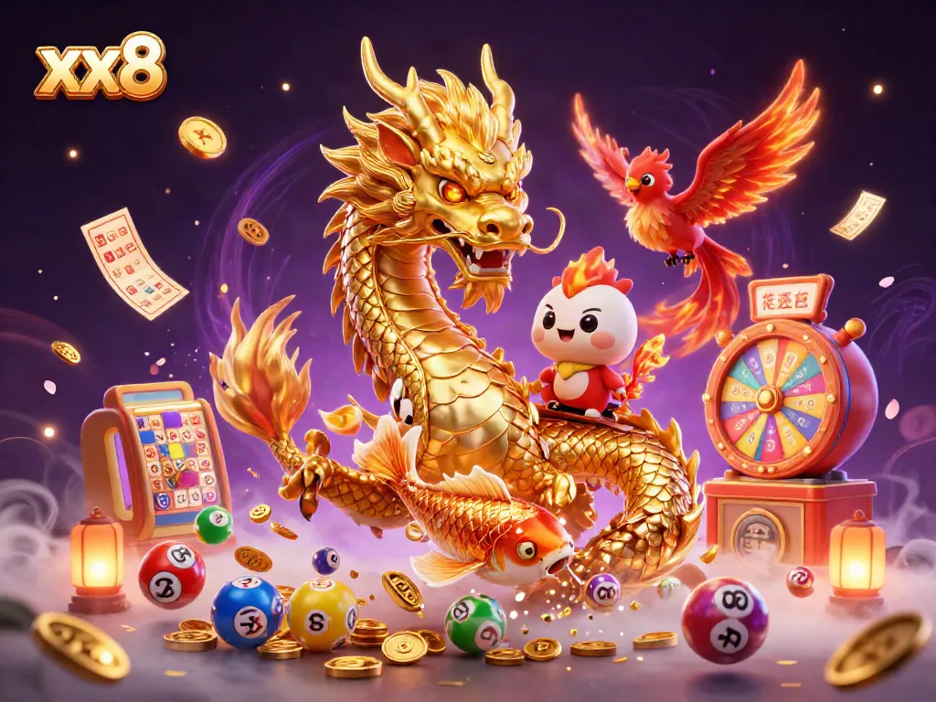 Experience the thrill of winning with xx8 in this vibrant lottery scene filled with dynamic characters and elements.