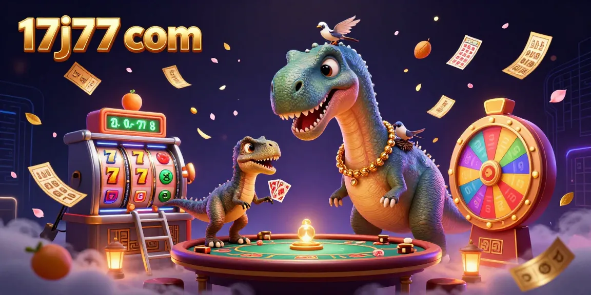 Engage with vibrant gaming elements at 17j77 com featuring a humorous dinosaur scene.