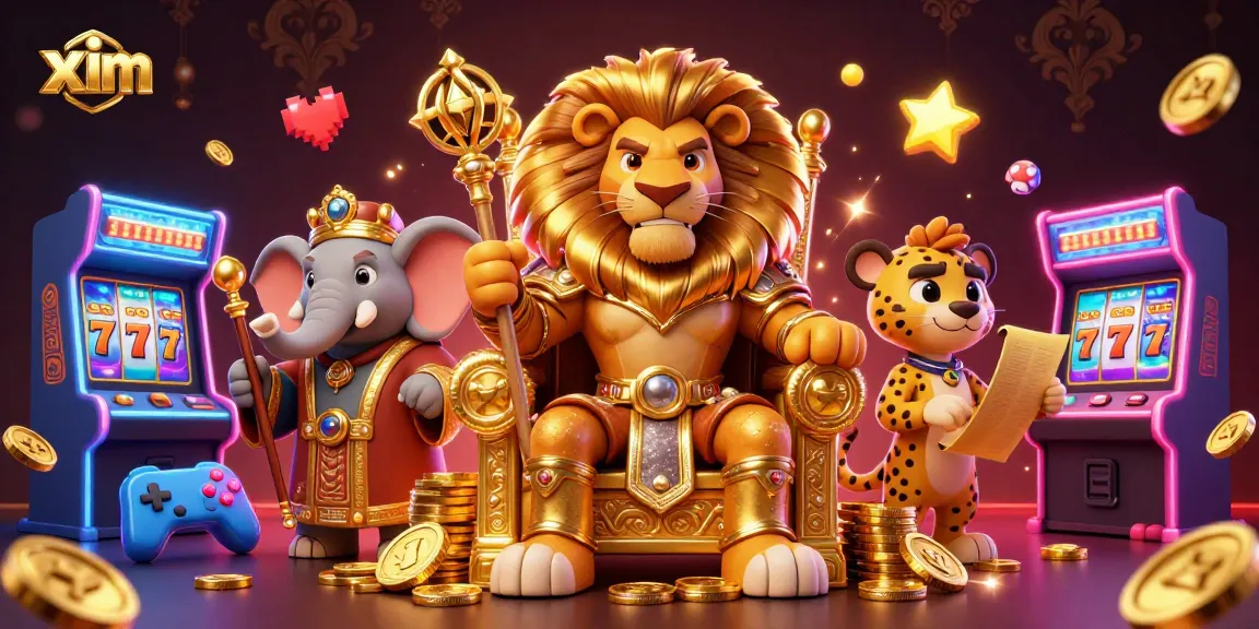 Xim features a vibrant 3D casino scene with a king, elephant, and cheetah amidst slot reels and arcade machines.