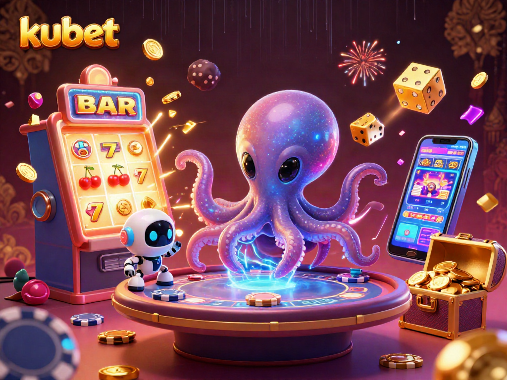 Experience thrilling gaming with kubet as an alien octopus operates a holographic poker table.