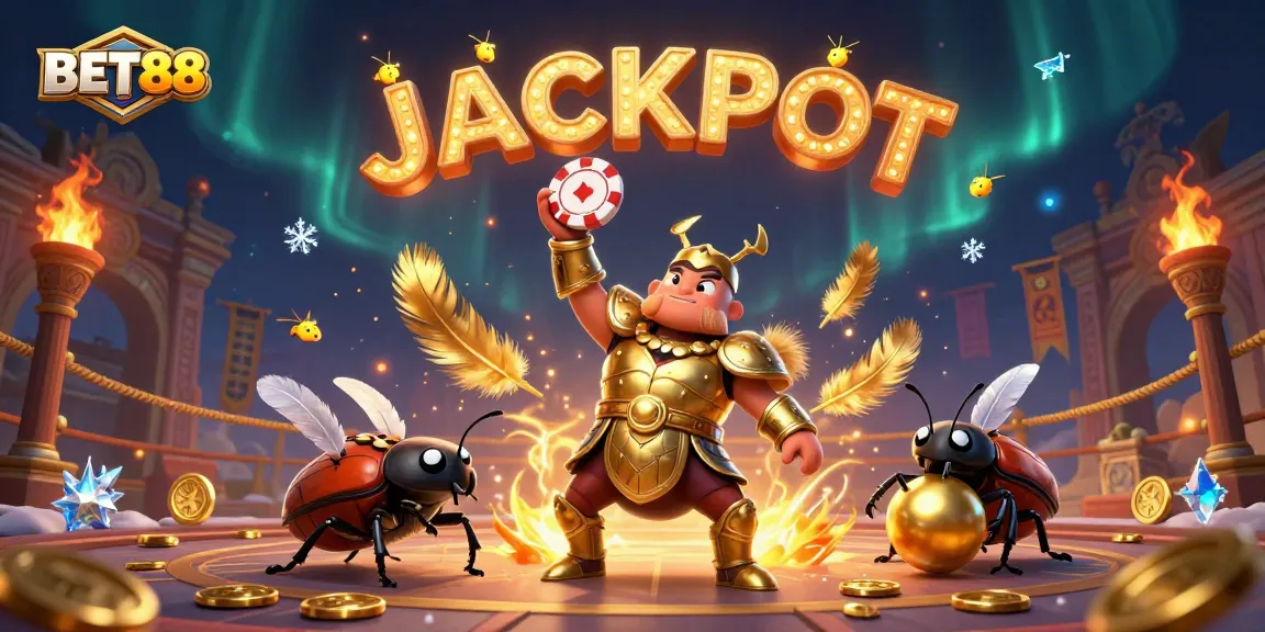 BET88 hercules beetle celebrating victory with poker chip in an exciting casino illustration.