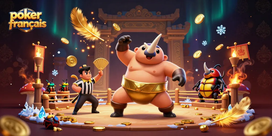 Jouez au poker français avec des personnages illustrés, enrichi de pièces et d'éléments de casino.