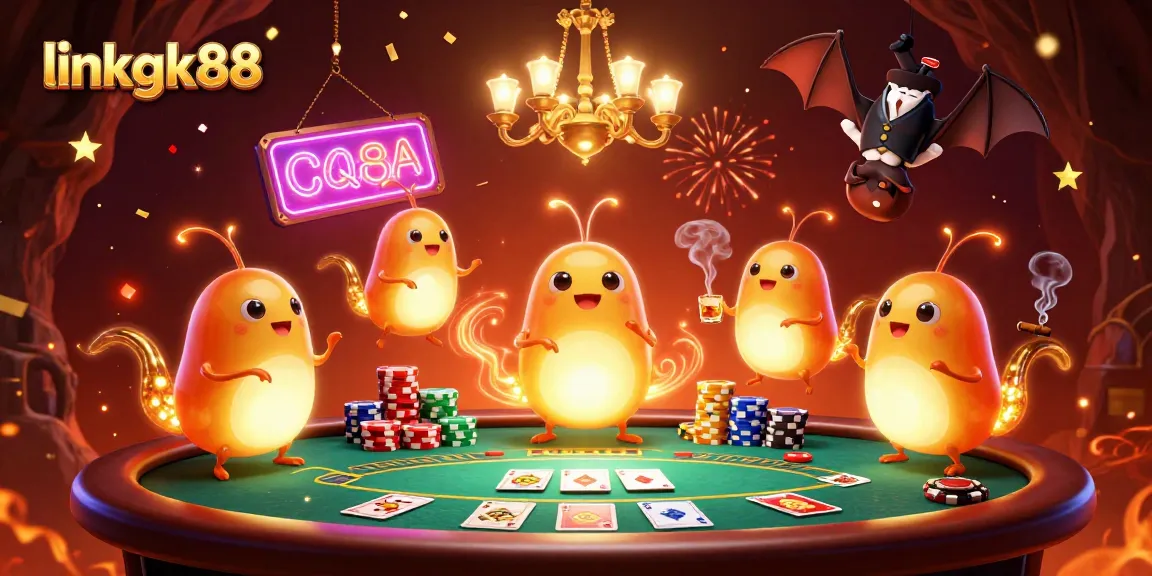 Engage with linkgk88 at a vibrant casino illuminated by glowworms and a bat dealer.