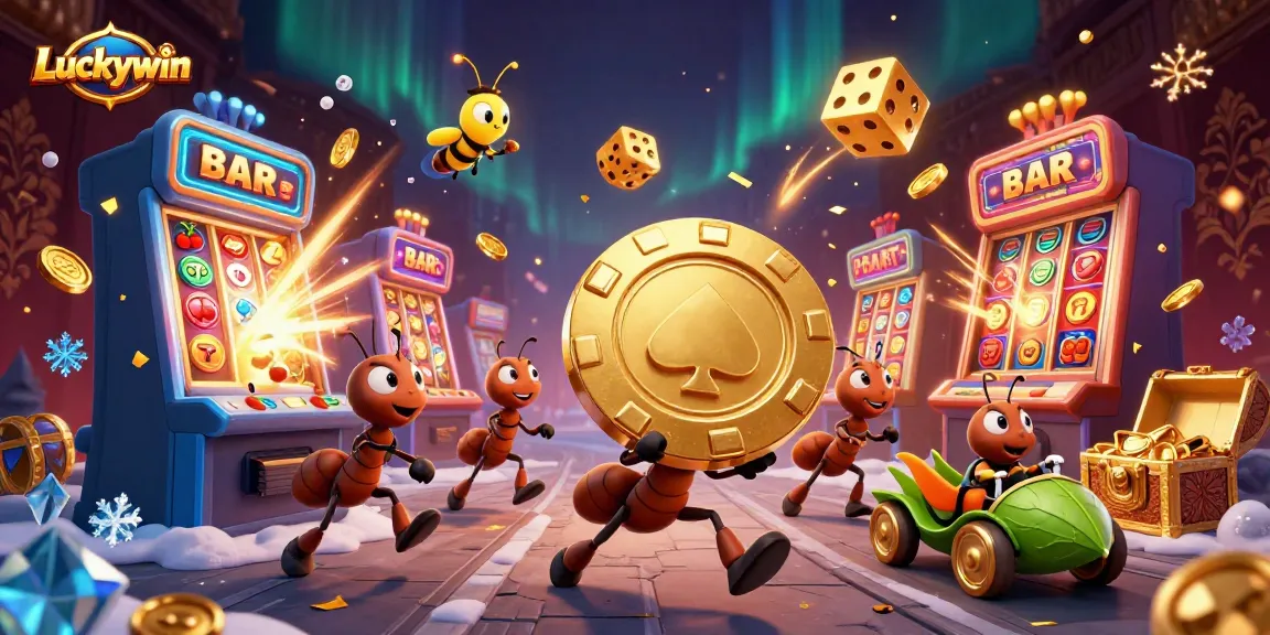 Luckywin evokes excitement as ants heist a giant chip amid casino elements in a vibrant 3D scene.
