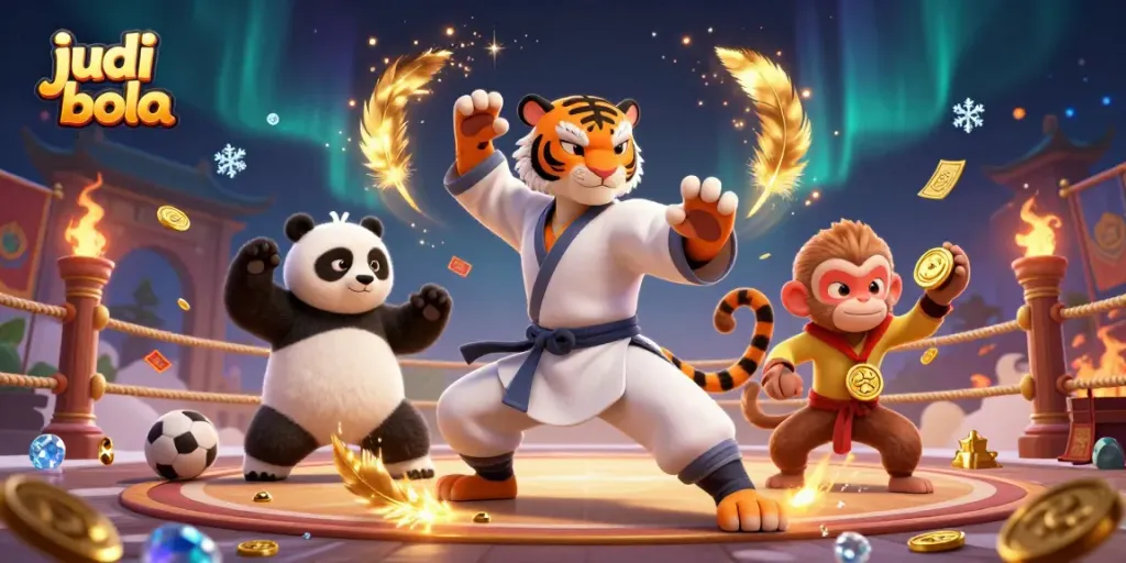 Engage in judi bola action with a kung fu tiger master and panda disciple in a captivating 3D scene.