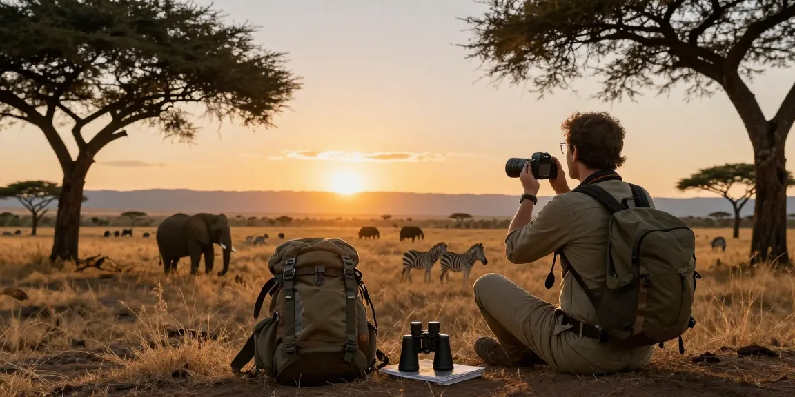 A traveler at Kidepo Valley National Park enjoying the sunset, capturing wildlife moments with NAGA2000 travel guide.