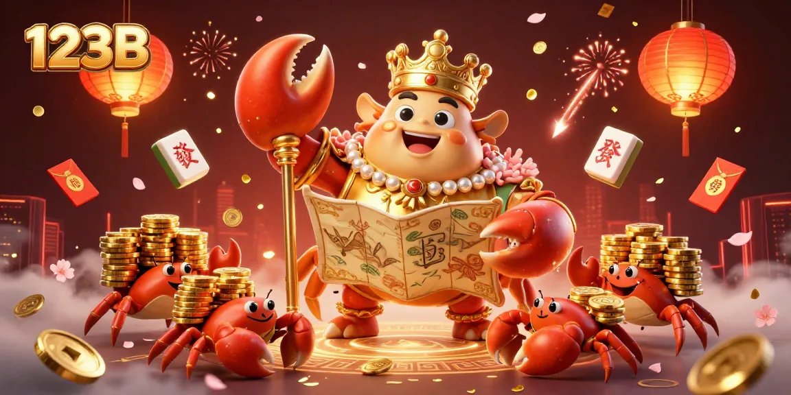 Experience the thrill of winning at 123B with a golden crab emperor amidst vibrant casino symbols and fireworks.