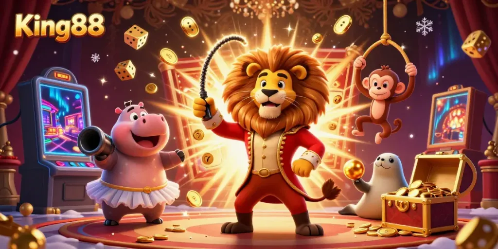Experience King88's vibrant casino adventure with a lively circus illustration featuring captivating characters.